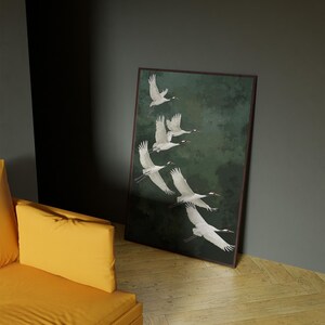 Vogel Poster Kraniche grüner Hintergrund Kunst Natur Wandbild elegante Deko für Schlafzimmer Geschenkidee für Naturliebhaber Smaragd Grün afbeelding 15