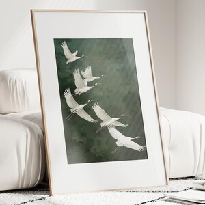Vogel Poster Kraniche grüner Hintergrund Kunst Natur Wandbild elegante Deko für Schlafzimmer Geschenkidee für Naturliebhaber Smaragd Grün afbeelding 18