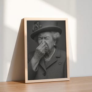 Lustiges Toilettenbild "Queen Elizabeth" hält Nase zu | Motiv für Gäste WC Badezimmer Wanddeko witziges Poster humorvolle Kunst | Es stinkt image 8