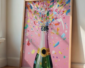Knallbuntes Konfetti Poster mit Champagnerflasche als Party Wanddeko für Küche oder Studentenwohnung Feier Bar Wandbild Geburtstag Konfetti 