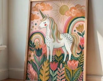 Einhorn Poster Kinderzimmer mit Regenbogen und Blumen – Wandbild als Geschenk für Mädchen