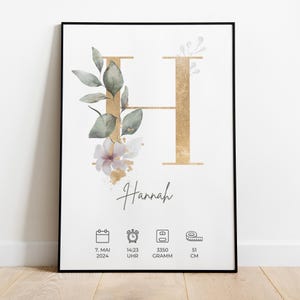 Personalisiertes Geburtsdaten Poster mit Initiale und Namen florales Geschenk zur Geburt für Babyzimmer oder Kinderzimmer Buchstabe PDF Bild