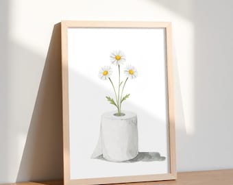 Poster Toilette mit Gänseblümchen Blumen in Klopapierrolle Aquarell als WC Deko oder Geschenkidee Kamille Wandbild Gästeklo Klo Bad 