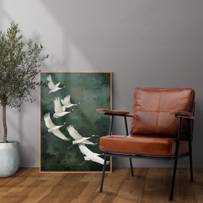 Vogel Poster Kraniche grüner Hintergrund Kunst Natur Wandbild elegante Deko für Schlafzimmer Geschenkidee für Naturliebhaber Smaragd Grün afbeelding 16