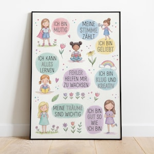 Könnte beinhalten: Ein gerahmter Kunstdruck mit farbenfrohen Illustrationen von jungen Mädchen und inspirierenden deutschen Sätzen. Das Kunstwerk enthält Texte wie "Ich bin mutig" (Ich bin mutig) und "Meine Träume sind wichtig" (Meine Träume sind wichtig), mit floralen Akzenten.