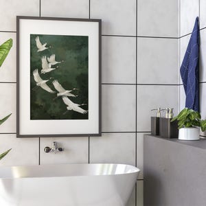 Vogel Poster Kraniche grüner Hintergrund Kunst Natur Wandbild elegante Deko für Schlafzimmer Geschenkidee für Naturliebhaber Smaragd Grün afbeelding 9