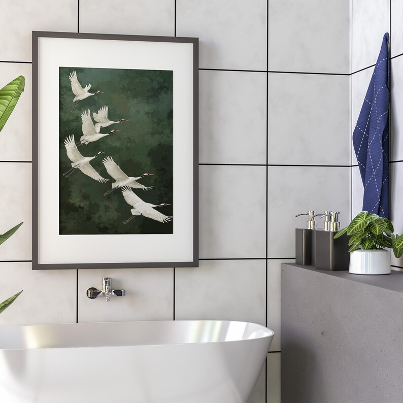 Vogel Poster Kraniche grüner Hintergrund Kunst Natur Wandbild elegante Deko für Schlafzimmer Geschenkidee für Naturliebhaber Smaragd Grün afbeelding 9