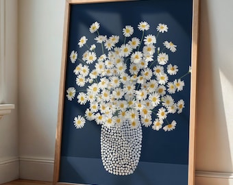 Gänseblümchen Poster in Vase Dunkelblau Margeriten Wandbild Skandinavische Deko Florale Kunst Druck für Wohnzimmer Sommer Blumen Geschenk