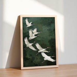 Vogel Poster Kraniche grüner Hintergrund Kunst Natur Wandbild elegante Deko für Schlafzimmer Geschenkidee für Naturliebhaber Smaragd Grün afbeelding 7