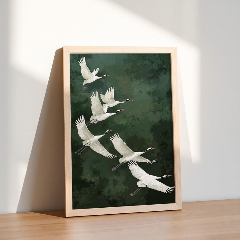 Vogel Poster Kraniche grüner Hintergrund Kunst Natur Wandbild elegante Deko für Schlafzimmer Geschenkidee für Naturliebhaber Smaragd Grün afbeelding 7