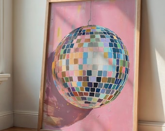 Buntes Disco-Kugel Poster auf Rosa Hintergrund Kunstdruck für Wohnzimmer Mädchenzimmer oder Partydeko als Wandbild mit oder ohne Rahmen