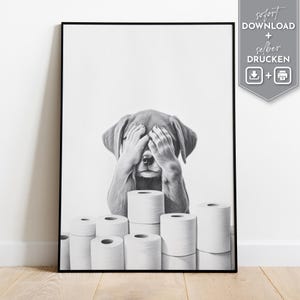 Funny bathroom poster with Labrador and toilet paper – Humorous black and white dog poster as digital download for guest bathroom & toilet