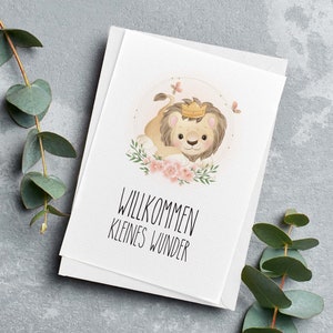 Karte zur Geburt | Glückwunschkarte Baby | Willkommen kleines Wunder | Motiv: Löwe | Grußkarte | Jungen Mädchen | DIN A6 mit Briefumschlag