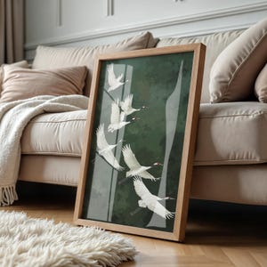 Vogel Poster Kraniche grüner Hintergrund Kunst Natur Wandbild elegante Deko für Schlafzimmer Geschenkidee für Naturliebhaber Smaragd Grün afbeelding 14