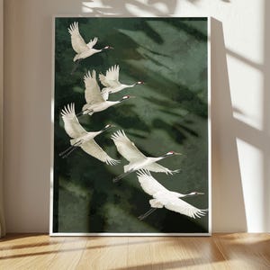 Vogel Poster Kraniche grüner Hintergrund Kunst Natur Wandbild elegante Deko für Schlafzimmer Geschenkidee für Naturliebhaber Smaragd Grün afbeelding 2