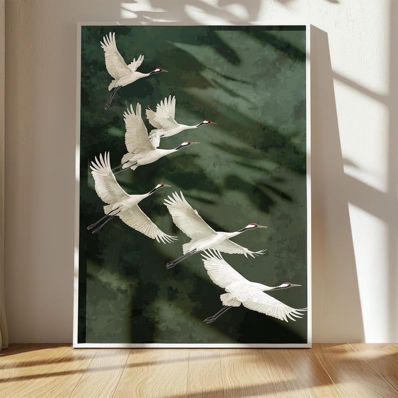 Vogel Poster Kraniche grüner Hintergrund Kunst Natur Wandbild elegante Deko für Schlafzimmer Geschenkidee für Naturliebhaber Smaragd Grün afbeelding 2
