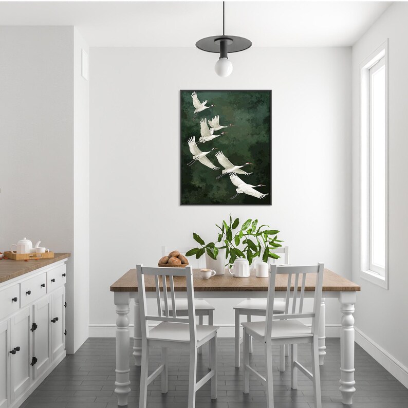 Vogel Poster Kraniche grüner Hintergrund Kunst Natur Wandbild elegante Deko für Schlafzimmer Geschenkidee für Naturliebhaber Smaragd Grün afbeelding 10