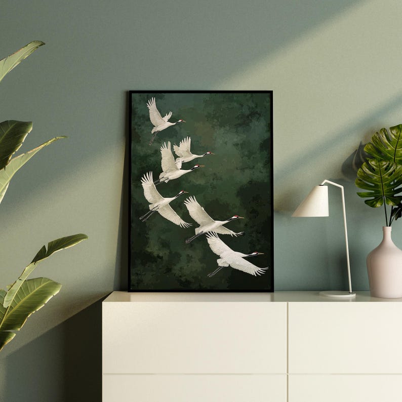 Vogel Poster Kraniche grüner Hintergrund Kunst Natur Wandbild elegante Deko für Schlafzimmer Geschenkidee für Naturliebhaber Smaragd Grün afbeelding 6