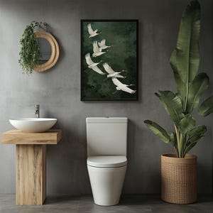 Vogel Poster Kraniche grüner Hintergrund Kunst Natur Wandbild elegante Deko für Schlafzimmer Geschenkidee für Naturliebhaber Smaragd Grün afbeelding 13