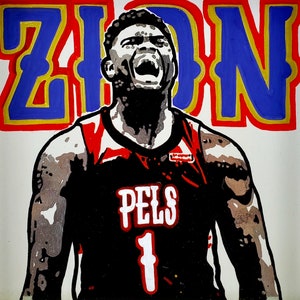 May include: A black and white illustration of a basketball player wearing a red, black, and white jersey with the word "PELS" and the number "1" on the front. The player is wearing a black headband and has a determined expression on his face. The word "ZION" is written in blue, yellow, and red letters above the player.