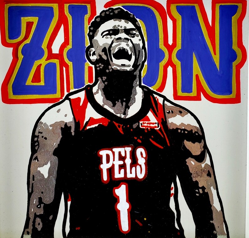 May include: A black and white illustration of a basketball player wearing a red, black, and white jersey with the word "PELS" and the number "1" on the front. The player is wearing a black headband and has a determined expression on his face. The word "ZION" is written in blue, yellow, and red letters above the player.