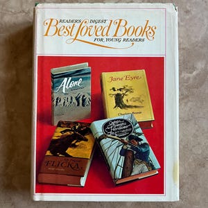 May include: A Reader's Digest book titled "Best Loved Books for Young Readers" with four vintage book covers visible. Titles include "Alone", "Jane Eyre", "My Friend Flicka", and "Captain Horatio Hornblower". The background is red.