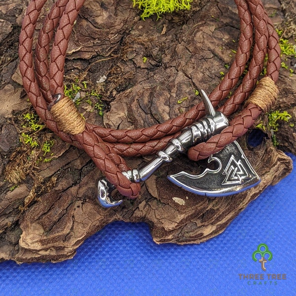 Men's Steel Norse Viking Axe Woven Brown Hiking Climbing Camping Survival Brown Pleather Adjustable Cuff Bracelet