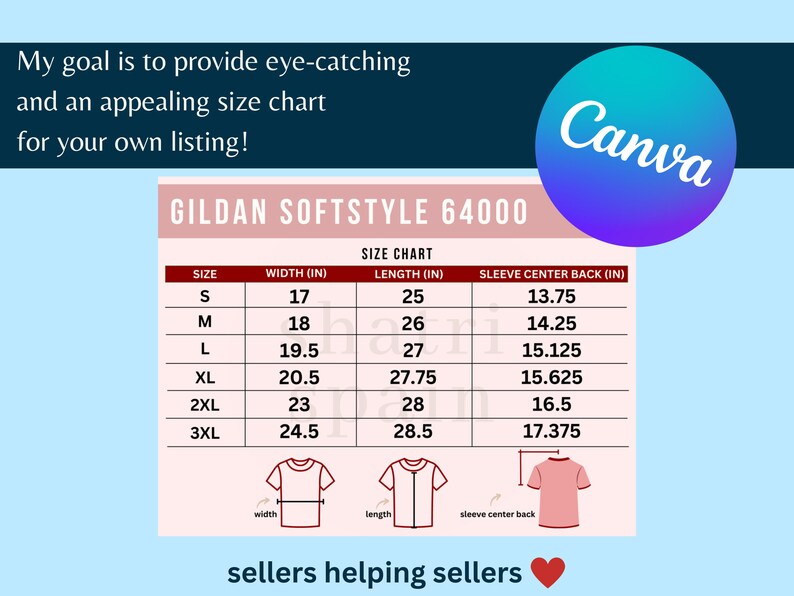 Gildan Softstyle 64000 Size Chart for Listing for Organized - Etsy