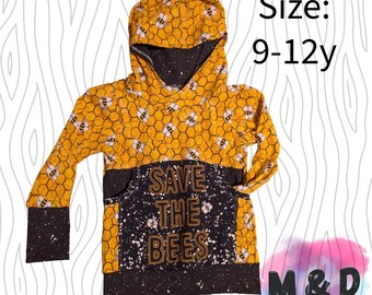 9-12y Grow With Me Hoodie - Bees with Panel Pocket