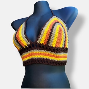 Crochet Striped Yellow, Brown and Orange Sunflower Bralette Medium / M Handmade Colorful Stripe Crop Top