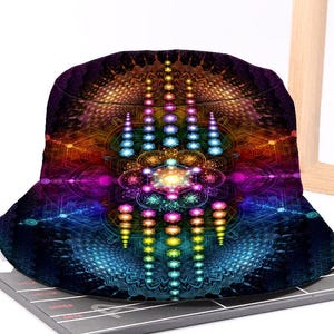 May include: A black bucket hat with a vibrant, psychedelic design. The hat features a complex pattern of colorful geometric shapes and lines in shades of blue, purple, orange, and yellow. The design covers the entire hat, creating a visually striking accessory.