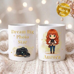 Personalized Photographer Mug, Custom Girl Camera Name Cup, Kids Birthday Gift, Back to School, Preschool Graduation, Toddler Christmas Gift