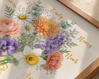 Birth Month Flower Bouquet, Grandmas Garden, Nonna Grandma Gifts, Personalized Family Wildflower Bouquet, Watercolor Print, Custom Wall Art