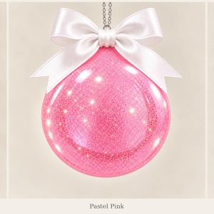May include: Three spherical ornaments in pastel purple, pastel pink, and pastel green. Each ornament features a glossy, glittery finish and is topped with a white satin ribbon bow tied at the top, suspended by a thin silver chain for hanging.