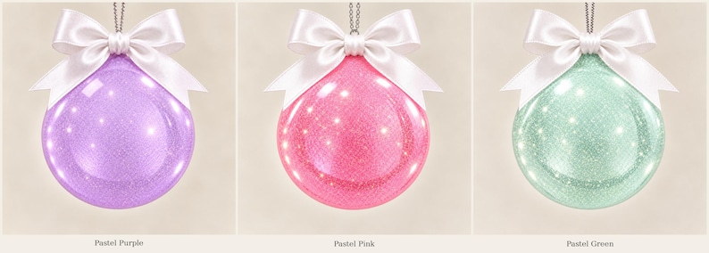 May include: Three spherical ornaments in pastel purple, pastel pink, and pastel green. Each ornament features a glossy, glittery finish and is topped with a white satin ribbon bow tied at the top, suspended by a thin silver chain for hanging.