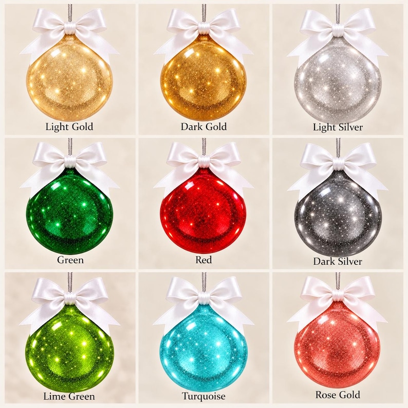 May include: A grid of nine round, glittery Christmas ornaments, each topped with a white satin bow. The colors include light gold, dark gold, light silver, green, red, dark silver, lime green, turquoise, and rose gold, with labels below each.