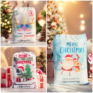 May include: Three Christmas gift bags with different designs. The first bag is white with a unicorn and reindeer design and the text "Special Delivery for Rhyla". The second bag is white with a dinosaur and Christmas tree design and the text "Have a Roarrr-some Christmas" and "Bodie". The third bag is blue with a Santa Claus and reindeer design and the text "Merry Christmas" and "Special Delivery for Harmony".