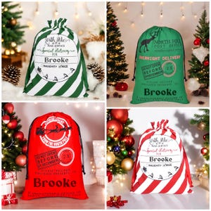 May include: Four red and green Christmas gift bags with white stripes and black text. The bags are decorated with Santa Claus, reindeer, and other Christmas imagery. The text on the bags reads "North Pole Post Office", "Express Delivery from the North Pole", "Special Delivery for Brooke", and "Special Delivery for Brooke".