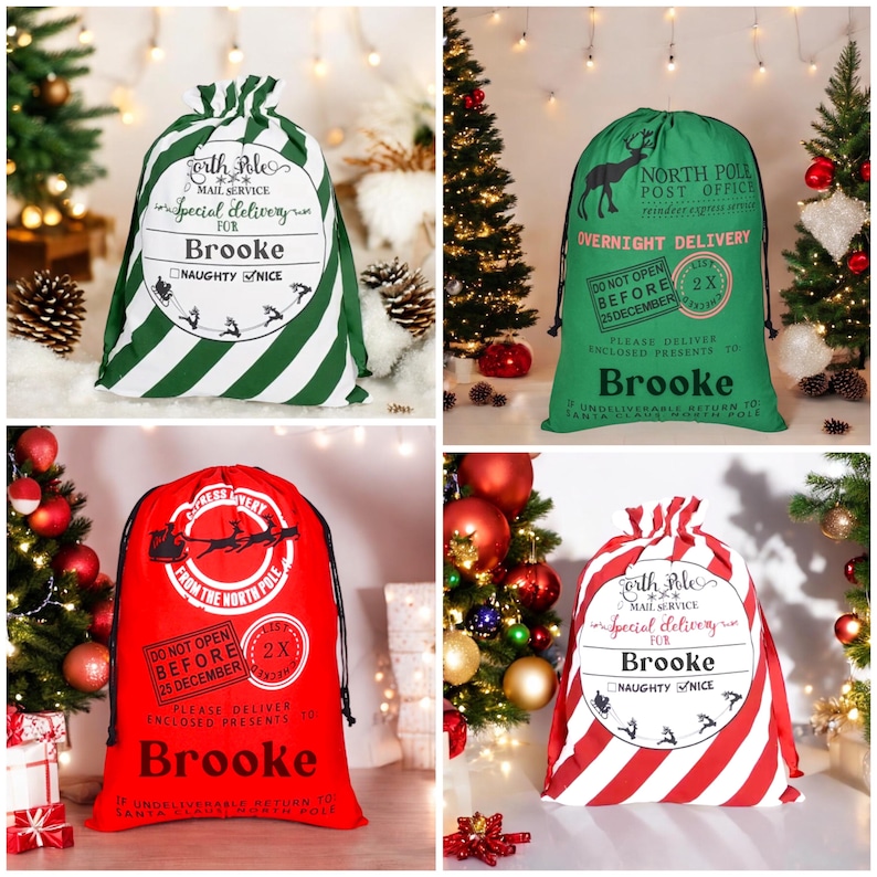 May include: Four red and green Christmas gift bags with white stripes and black text. The bags are decorated with Santa Claus, reindeer, and other Christmas imagery. The text on the bags reads "North Pole Post Office", "Express Delivery from the North Pole", "Special Delivery for Brooke", and "Special Delivery for Brooke".