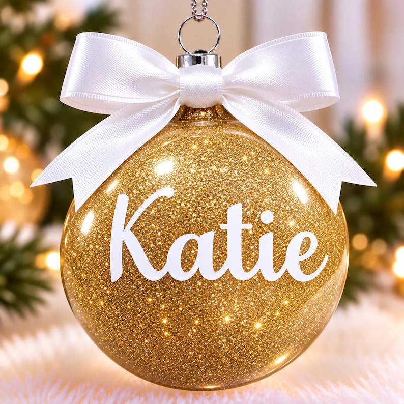 May include: A spherical clear glass Christmas ornament filled with gold glitter, featuring the name Katie in white script lettering on the front. The ornament is topped with a silver metal cap and a tied white satin ribbon bow for hanging.