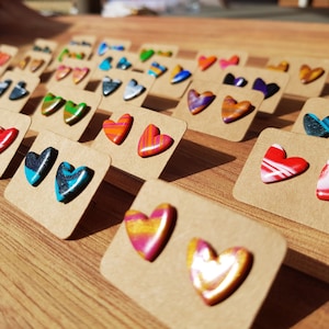 Handmade Polymer Clay Heart Stud Earrings: Funky Patterned Stainless Steel