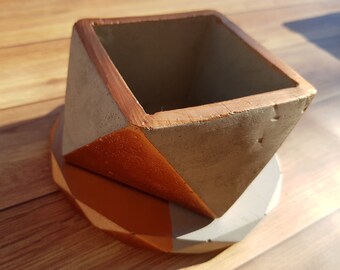 Geometric Concrete Planter with Coaster: Modern Art Deco Decor