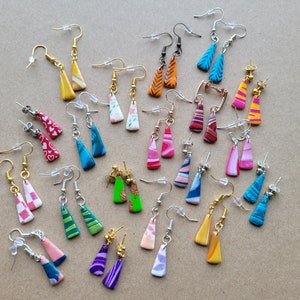Colourful Rounded Triangle Dangly Earrings - Polymer Clay, Statement Piece, Bold, Colourful, Bright, Fun, Small Earrings, Lightweight.