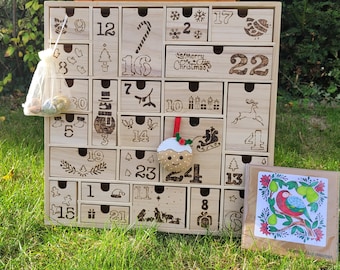Handmade Wooden Advent Calendar with Gifts & Christmas Card