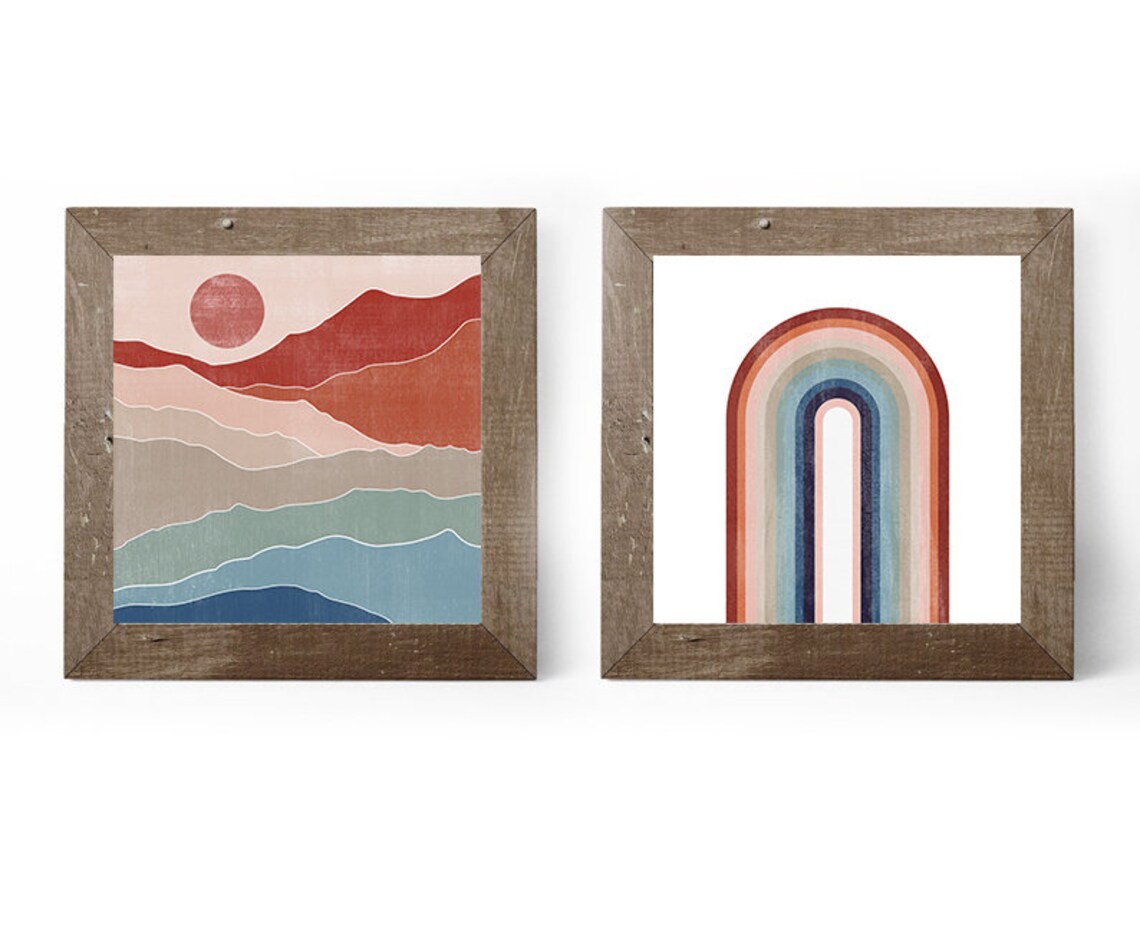 Set of 2 5x5 Abstract blue rust wall art landscape Modern Etsy