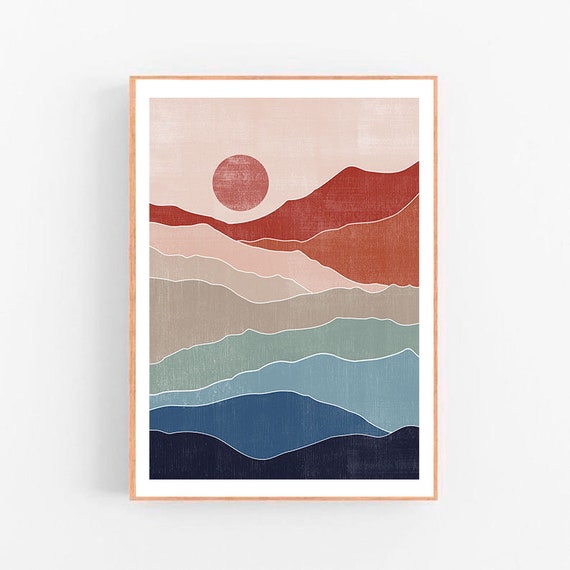 Abstract blue rust wall art landscape Mountains Moon landscape Etsy