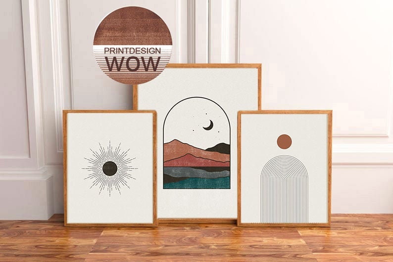 Mid century modern art decor Set of 3 Abstract stripe print Etsy