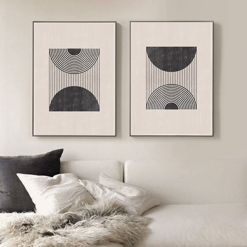 Geometric print Mid century modern art print Set of 2 Neutral | Etsy