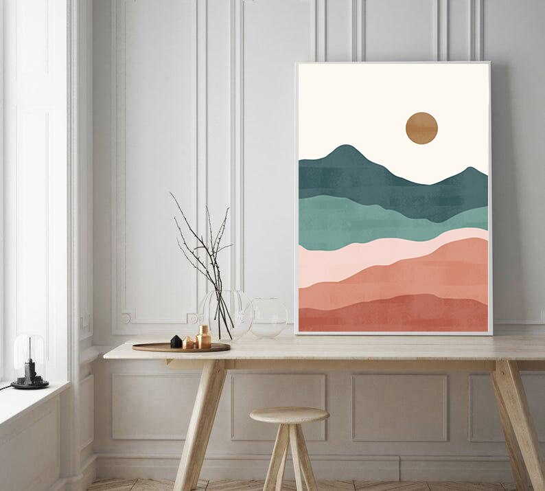 Abstract Blue Rust Wall Art Landscape Mountains Moon Landscape Etsy UK