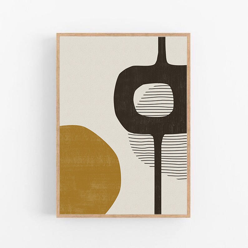 Black White Yellow wall art Geometric mid Century art Abstract Etsy